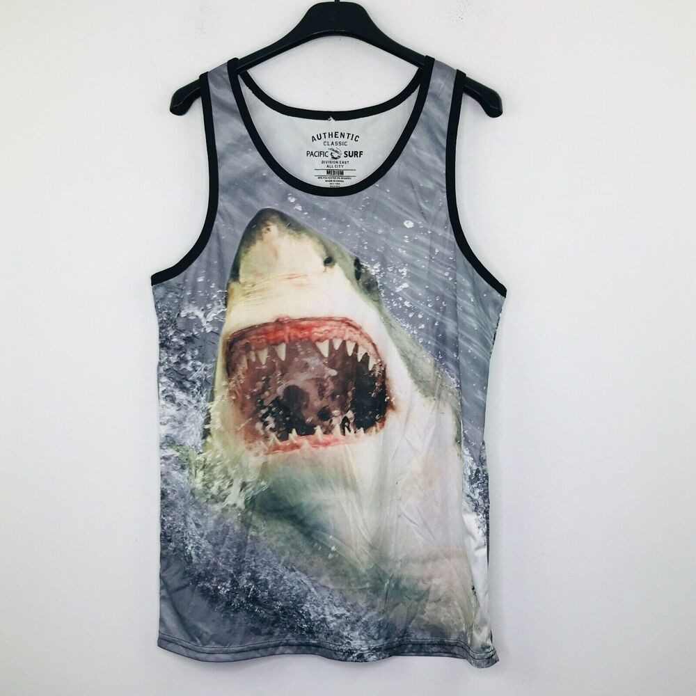 Pacific Surf Men's Medium Tank Multicolor Double Sided Shark Graphic Ringer BN27